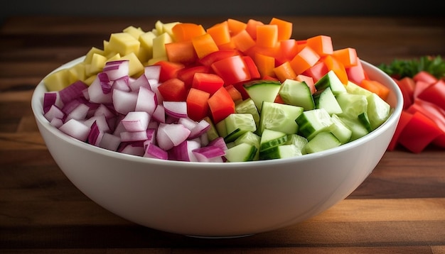 Insalata di verdure fresche con cipolla tagliata biologica e pomodoro maturo generata dall'intelligenza artificiale