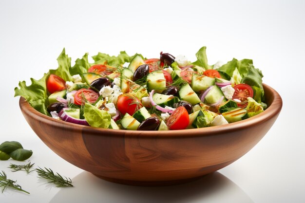 Insalata di verdure fresche con formaggio feta e pomodori cherry su sfondo bianco