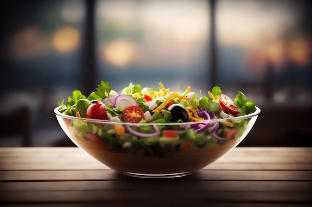 Insalata di verdure fresche in ciotola su tavola di legno in primo piano cucina Generato da AI