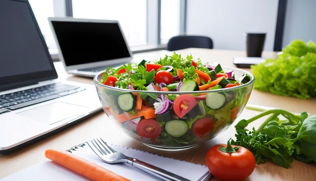 insalata di verdure fresche in una ciotola sulla scrivania dell'ufficio