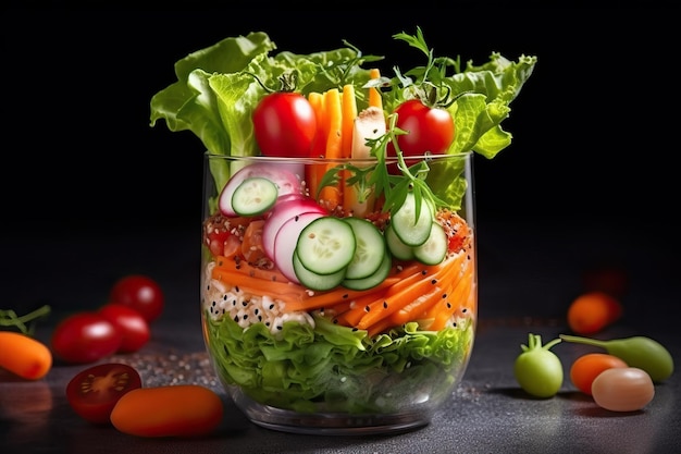 Insalata di verdure fresche tritate in una ciotola di vetro