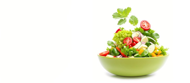 Insalata di verdure fresche volanti in un piatto Generative AI