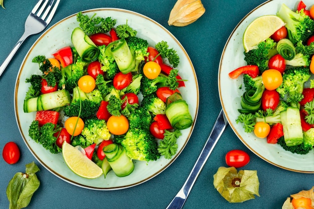 Insalata di verdure primaverili decorata con physalis