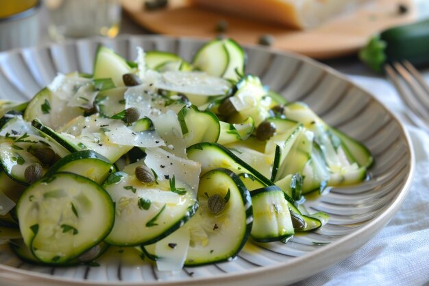 Insalata di zucchine con formaggio e capperi su un piatto AI generativa