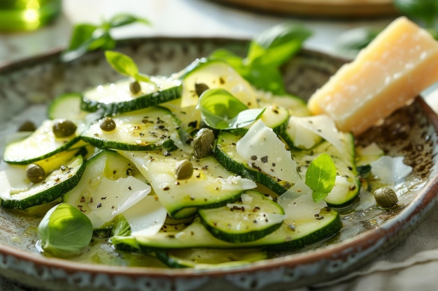 Insalata di zucchine con formaggio e capperi su un piatto AI generativa