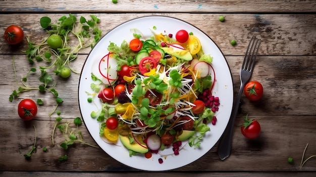 Insalata estiva fresca su un tavolo di legno bianco rustico con cipolle di pomodori avocado e più verdure