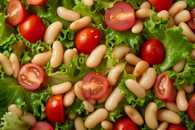 Insalata fagioli bianchi foglie di pomodoro miscela di lattuga petali porzione fresca pasto sano cibo dieta spuntino