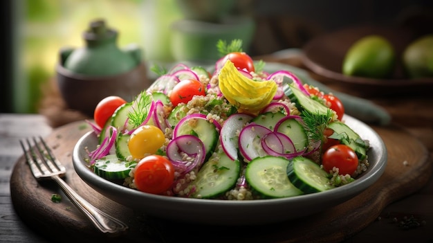 Insalata fresca con verdure dell'orto in cucina soleggiata