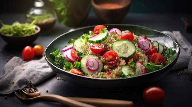 Insalata fresca di quinoa con verdure colorate su sfondo scuro