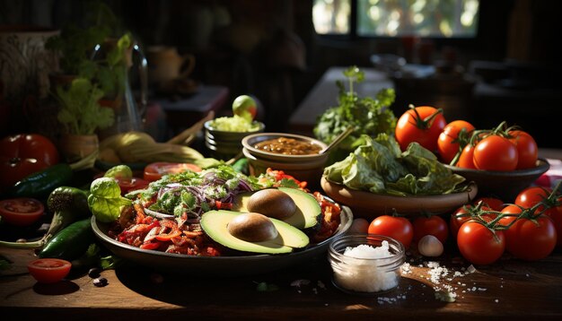 Insalata fresca e sana con verdure biologiche su un rustico tavolo di legno generato dall'AI