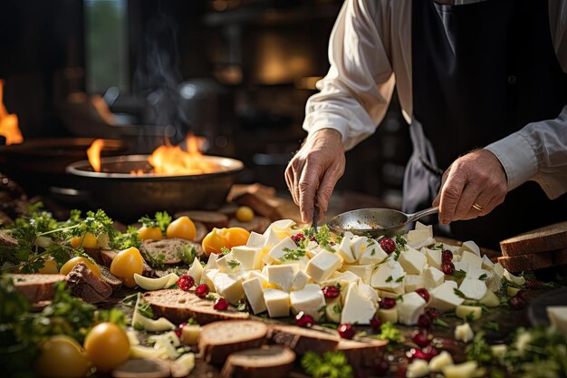 Insalata gourmet, formaggio raffinato dello chef, frutta esotica e noci in armonia generativa IA