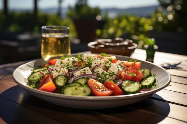 Insalata greca con cetriolo e olive su un piatto di ceramica su una terrazza generativa IA