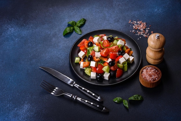 Insalata greca con feta di verdure fresche e olive nere