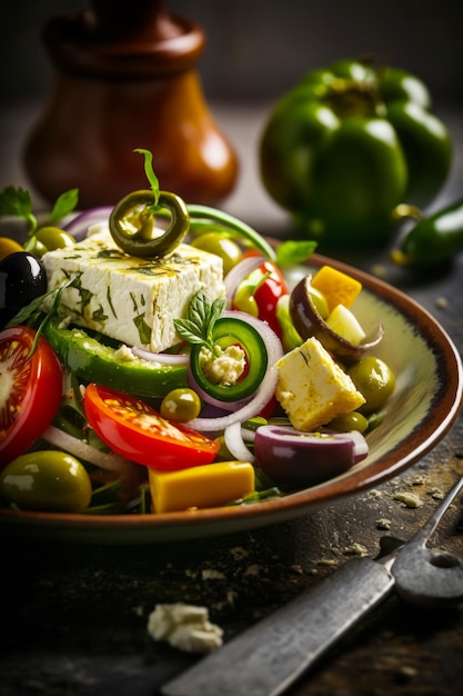 Insalata greca con formaggio feta olive e pomodori su piatto IA generativa