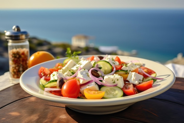 Insalata greca con pomodori cetrioli formaggio feta bianco olive e il mare sullo sfondo