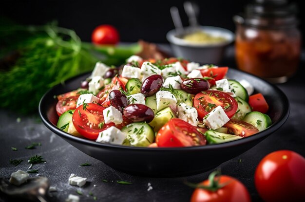 Insalata greca in un piatto o in una ciotola su uno sfondo chiaro Insalata con formaggio feta e olive