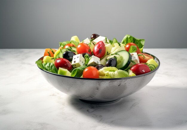 Insalata greca in un piatto o in una ciotola su uno sfondo chiaro Insalata con formaggio feta e olive
