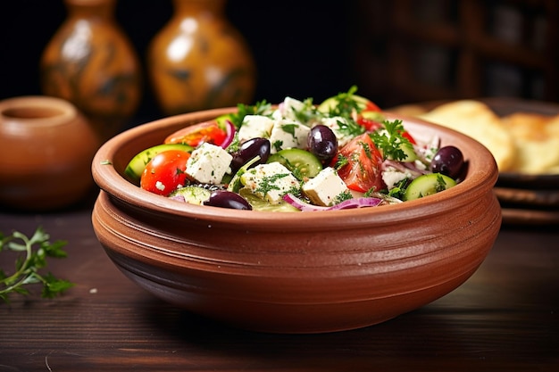 Insalata greca servita in una ciotola di pane fatta di pane croccante artigianale