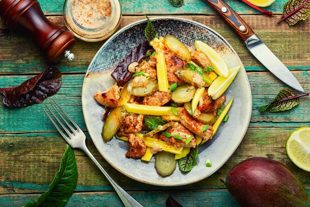 Insalata leggera con pollo, mango ed erbe aromatiche.