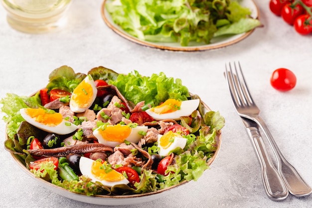 Insalata Nicoise con tonno uova fagiolini pomodori olive lattuga e acciughe