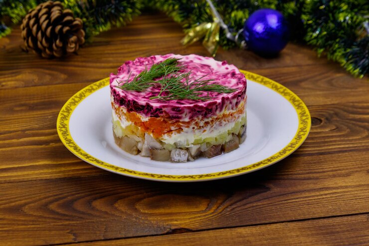 Insalata russa tradizionale Aringhe sotto una pelliccia e decorazioni natalizie