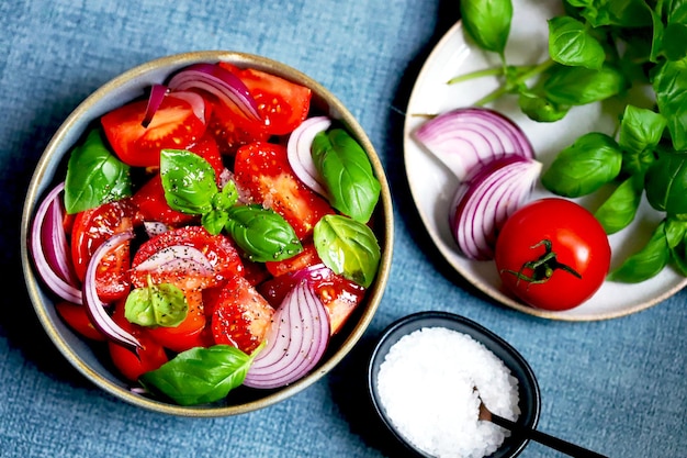 Insalata sana brillante con pomodori, basilico e cipolle blu