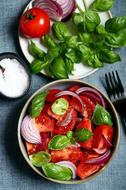 Insalata succosa con pomodori basilico e cipolla blu