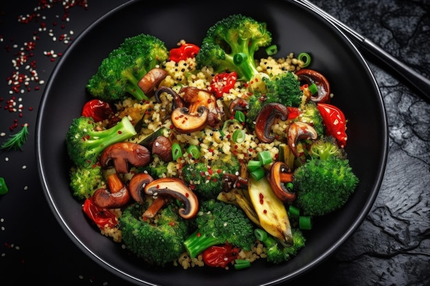 Insalata vegana di verdure broccoli funghi spinaci e quinoa in una ciotola Illustration AI Generative