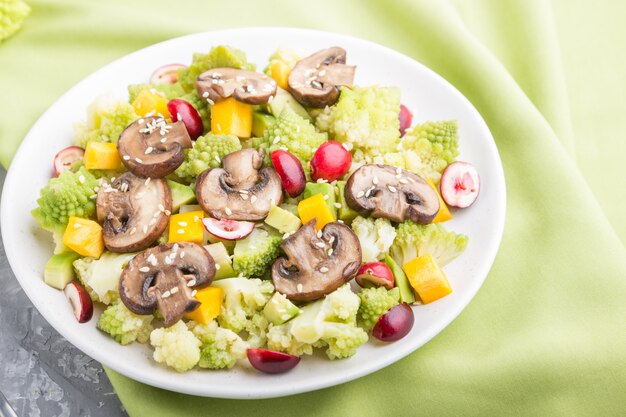 Insalata vegetariana di cavolo romano, funghi prataioli, mirtillo rosso, avocado e zucca su una superficie di cemento grigia. vista laterale, messa a fuoco selettiva.