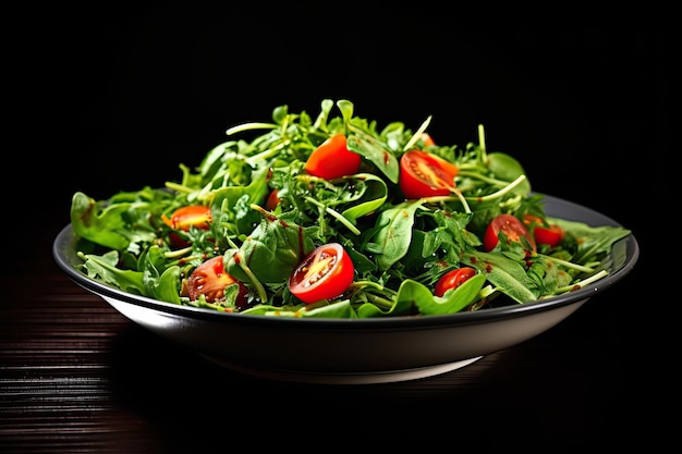 Insalata verde alta con pomodori spinaci e foglie di rucola su un piatto nero AI generativa