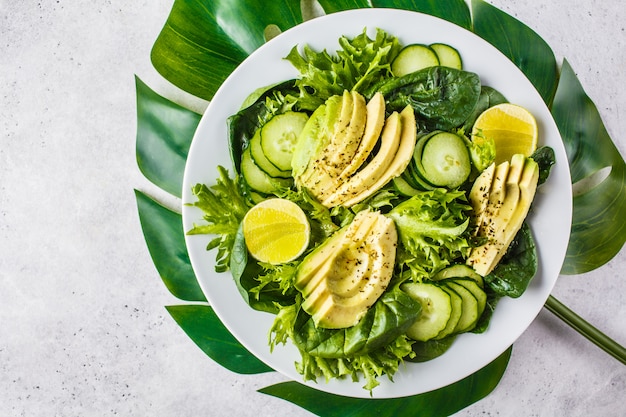 Insalata verde del cetriolo e dell&#39;avocado in zolla bianca. Menù disintossicante, cibo vegano, dieta a base vegetale.