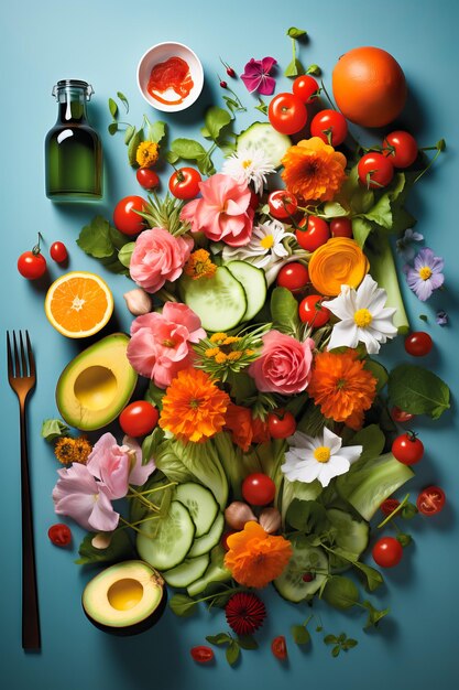 Insalata verde fresca con bellissimi fiori commestibili servita su sfondo blu copertina del libro mangiare pulito