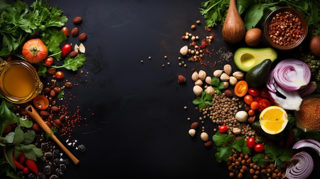 Insalata verde vivace con foglie assortite verdure e semi su uno sfondo di pietra nera