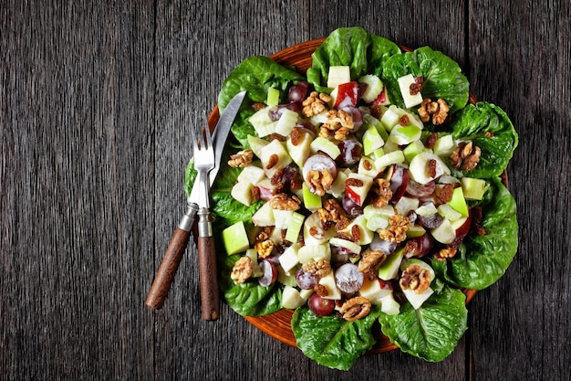 Insalata Waldorf con uve rosse sedano mela verde fresca noci uvetta su un tampone di foglie di lattuga fresca su un piatto di argilla su un tavolo in legno rustico vista orizzontale primo piano laici spazio libero