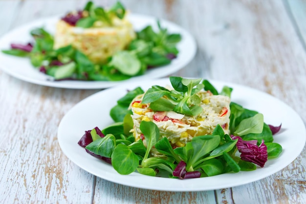 Insalate di verdure fresche vegetariane appetitose su piatti bianchi