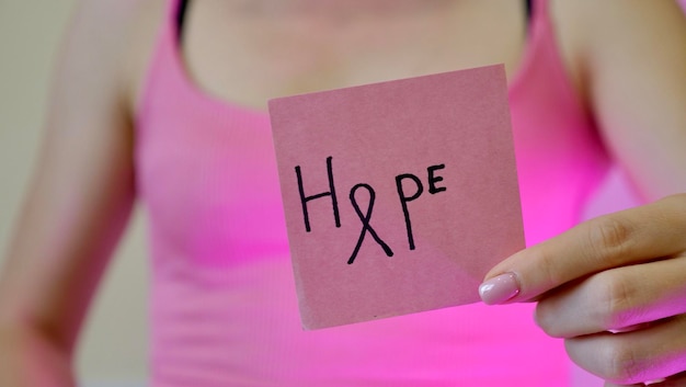 Inscrizione del mese di consapevolezza del cancro al seno speranza su striscia rosa in primo piano della mano femminile