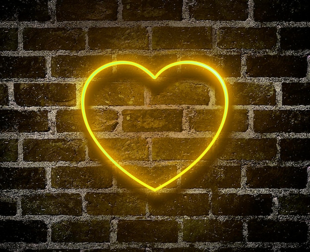 Insegna al neon di cuori luminosi. Sfondo di muro di mattoni rossi retrò. Buon San Valentino design