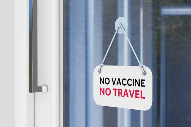 Insegna della porta dell'area pubblica con nessun vaccino Nessun segno di viaggio su uno sfondo di porta di vetro. Rendering 3D