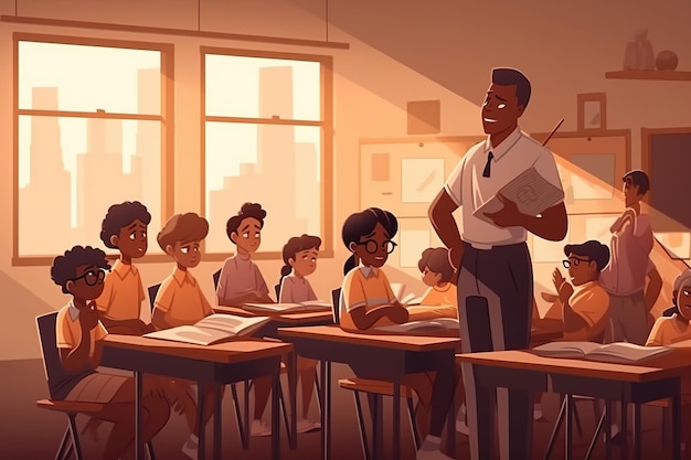 Insegnante afroamericano in classe illustrazione piatta generata da AI