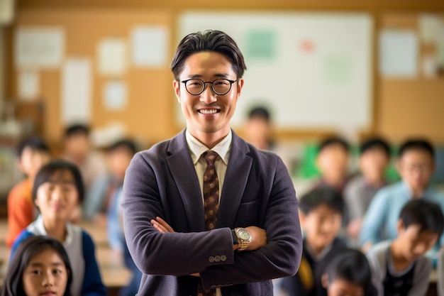 Insegnante asiatico che insegna una lezione in un'aula piena di studenti Ritorno a scuola e concetto di apprendimento