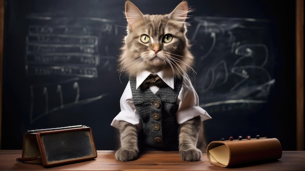 Insegnante di gattini con gli occhiali che insegna davanti a una piccola lavagna