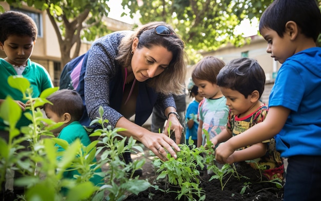 Insegnante di scuola di diversità e bambini che fanno giardinaggio insieme nel giardino della scuola tornano al concetto di scuola