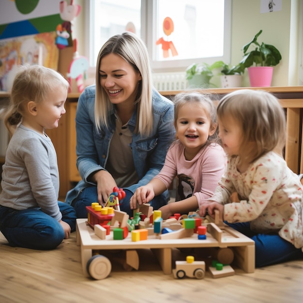 Insegnante di scuola materna con bambini che giocano