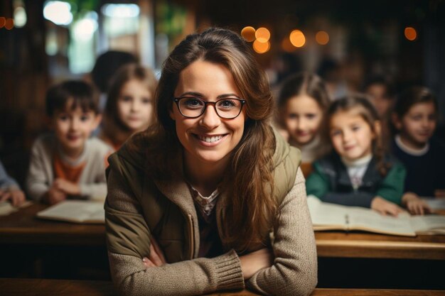 Insegnante di scuola materna e studenti di bell'aspetto che si divertono ad imparare in classe