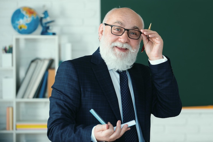 Foto insegnante di uomo anziano su una lavagna vuota durante la lezione di lezione al college