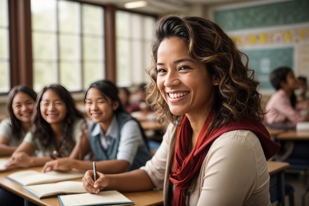 insegnante donna fiduciosa sorridente sullo sfondo della classe