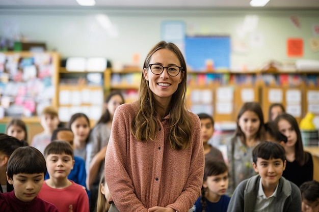 Insegnante femminile che insegna una lezione in una scuola piena di studenti Ritorno a scuola e concetto di apprendimento