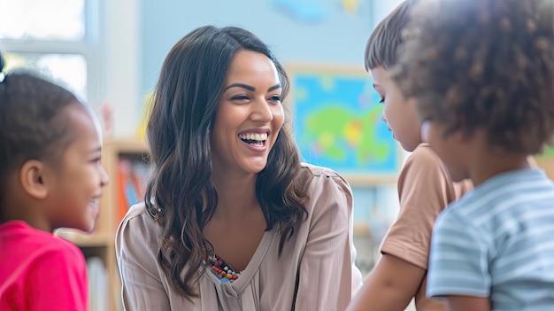 Insegnante femminile gioiosa che interagisce con diversi giovani studenti