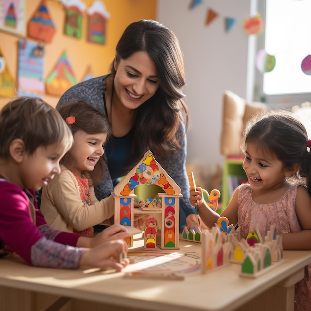 Insegnante indiana prescolare con bambini che giocano