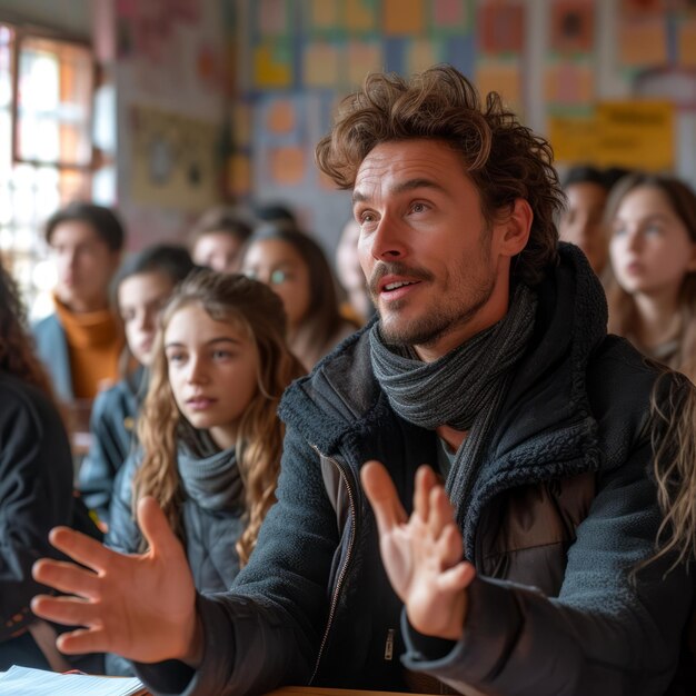 Insegnante maschio con i capelli ricci in una classe piena di studenti